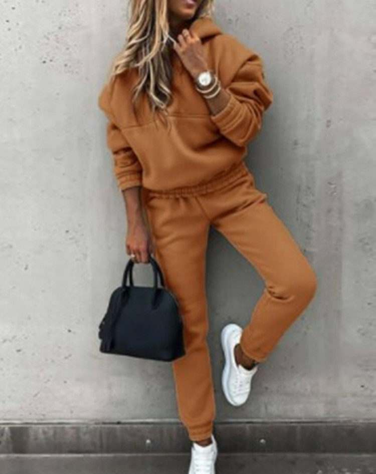 Women's Casual Solid Color Hoodie and Pants Set Long Sleeve Korean Style
