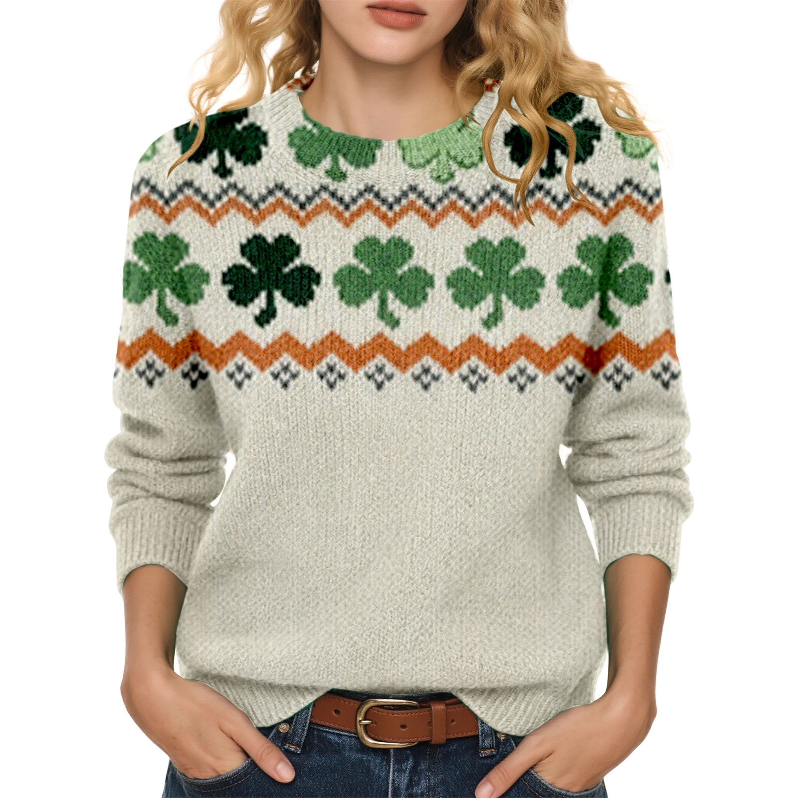 Lucky Clover Print Crewneck Sweatshirt for Women Casual Pullover