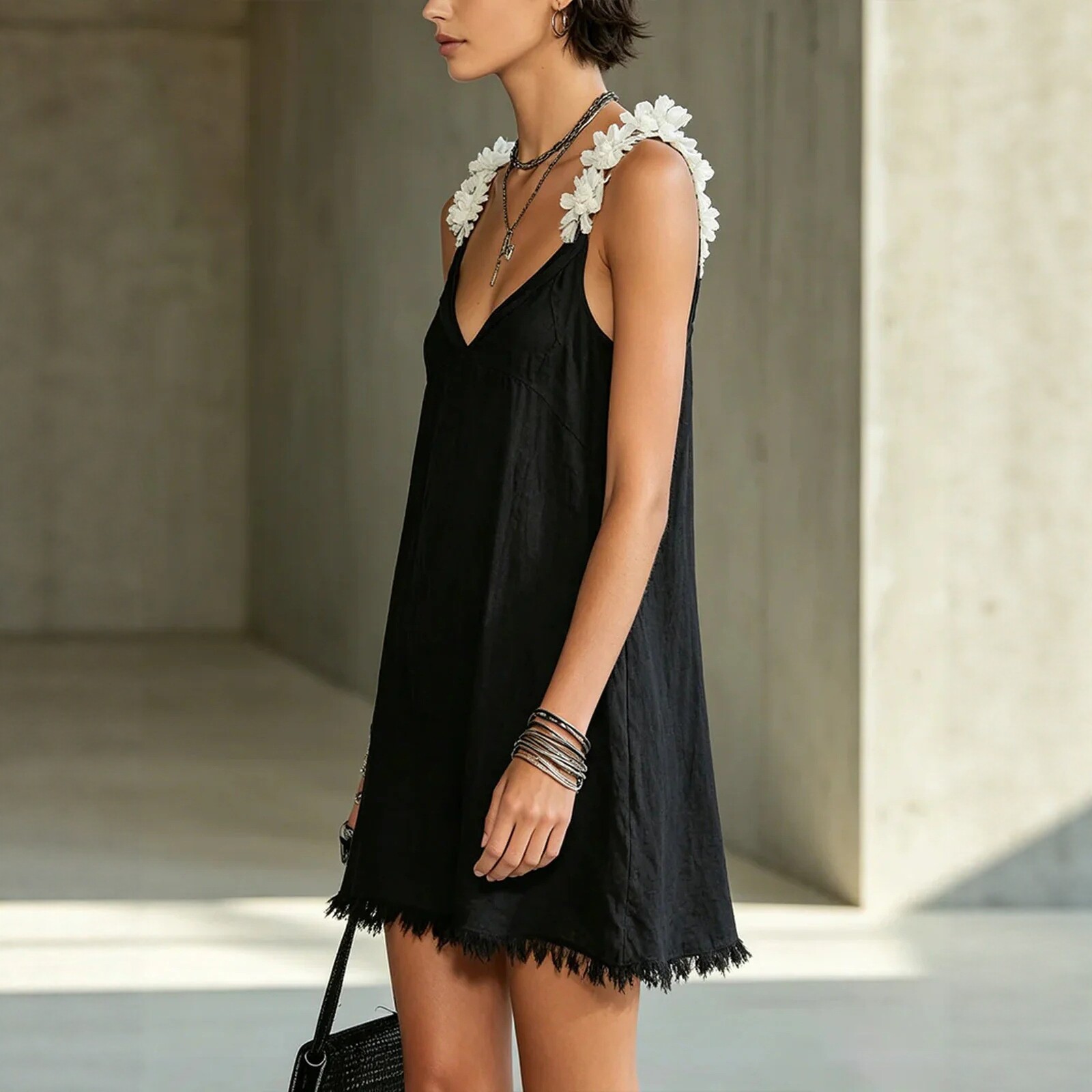 French V-Neck Cami Little Black Dress with 3D White Floral Straps and Frayed Hem