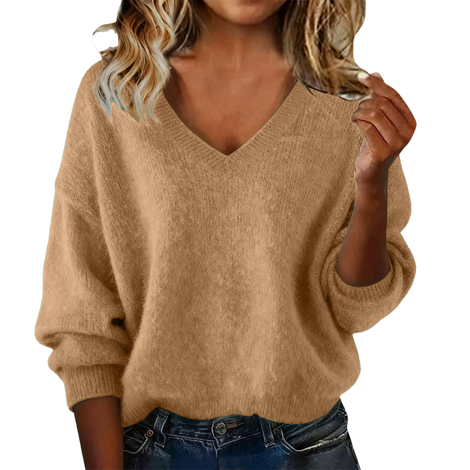 Women's Loose Knit V-Neck Sweater Solid Color Long Sleeve Pullover