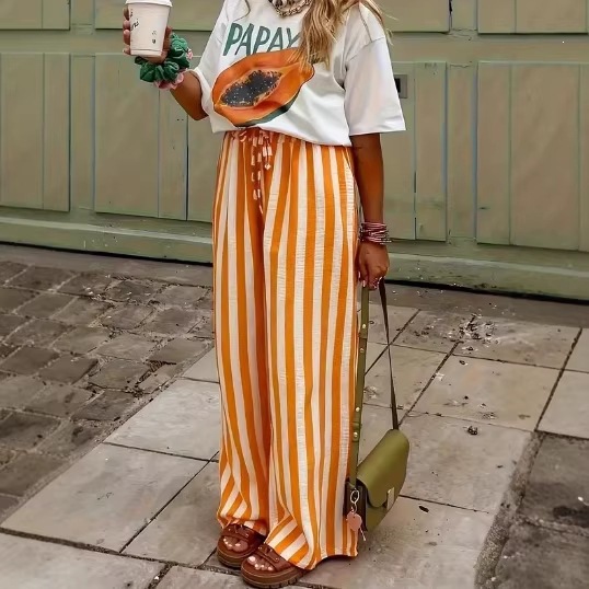 Women's Loose Straight-Leg Striped Print Pants Casual Colorblock