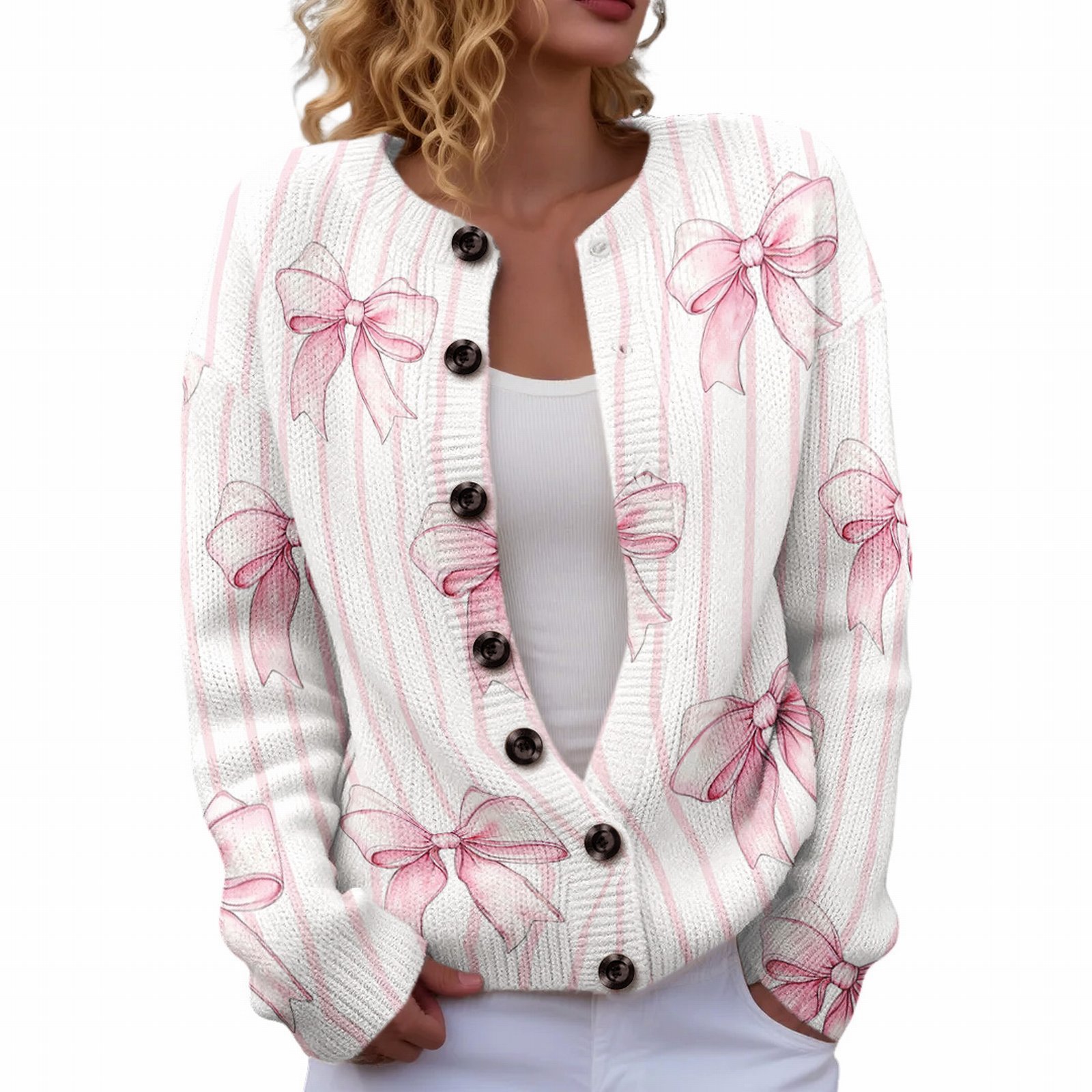 Women's Heart Ribbon Bow Cherry Print Cardigan