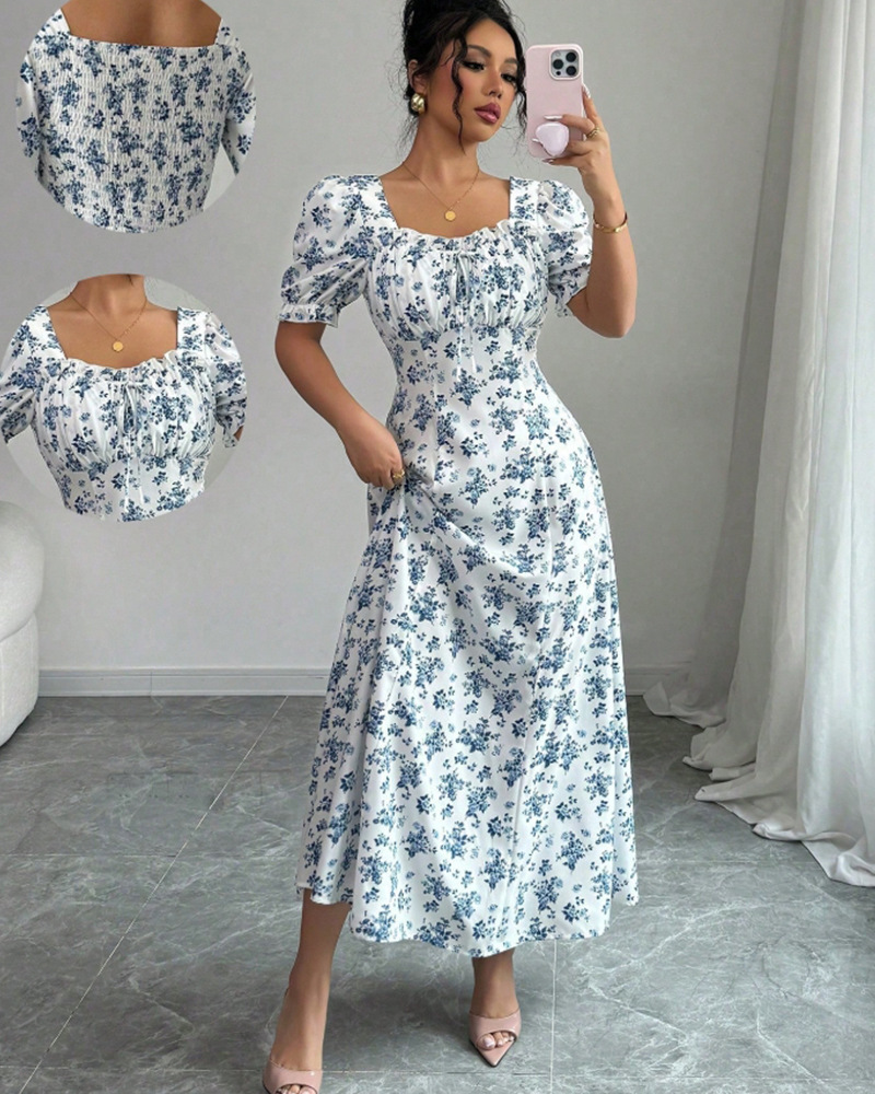 Elegant Short Sleeve Ruffle Dress with U-Neck and Puff Sleeves
