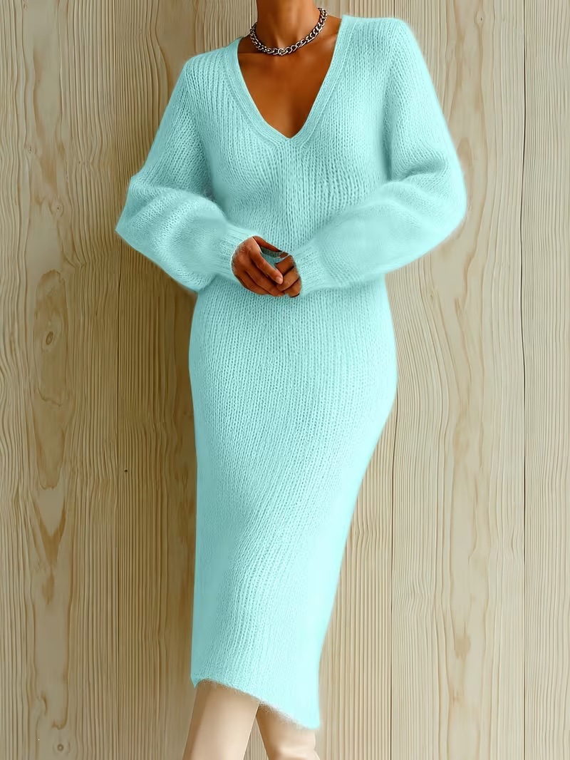 Women's Fuzzy V-Neck Bubble Sleeve Long Dress