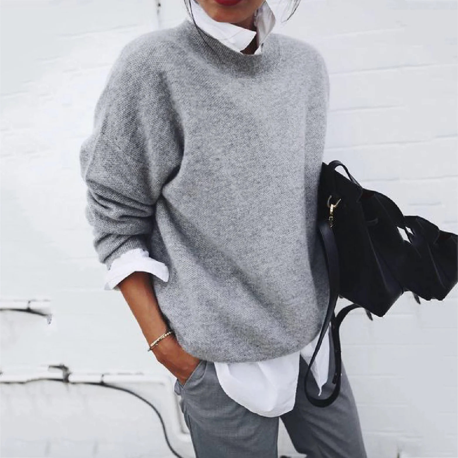 Women's Faux-Layer Crewneck Long-Sleeve Sweater Shirt