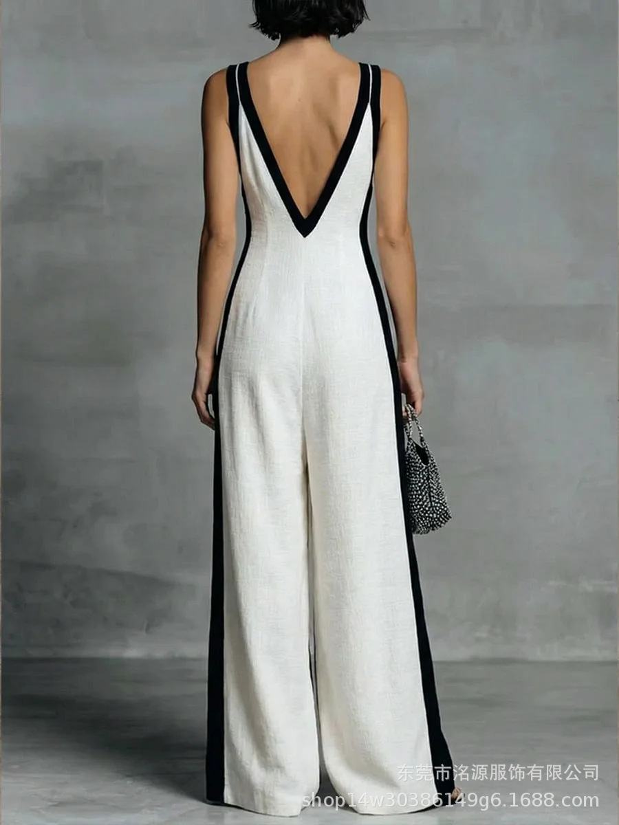 V-Neck Sleeveless Colorblock Wide-Leg Jumpsuit
