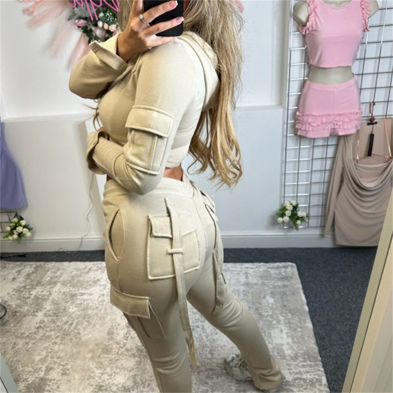 Women's Multi-Pocket Zip Hooded Casual Two-Piece Set