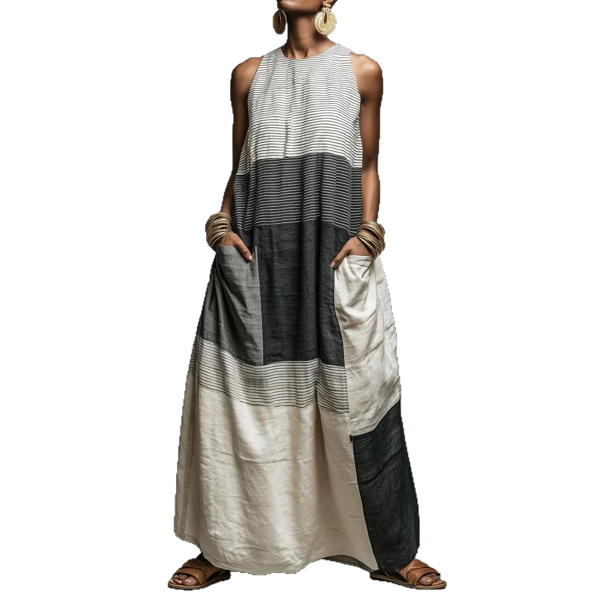 Women's Sleeveless Color-Block Long Dress Casual Loose Fit