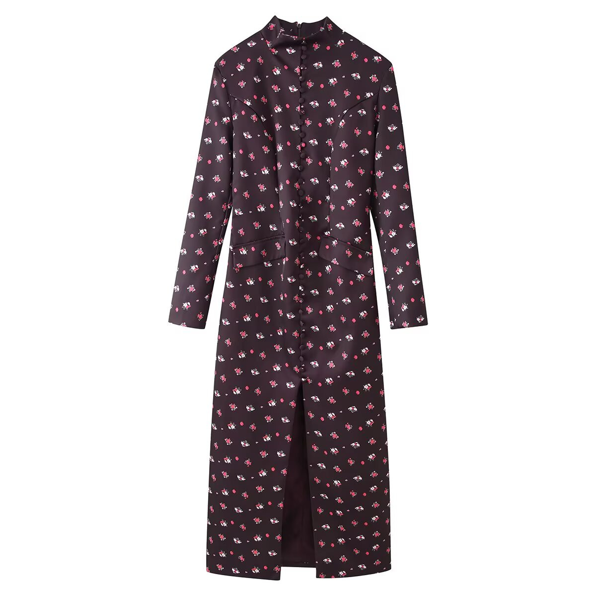 Elegant Satin Floral Print Button-Front Slit Long Dress