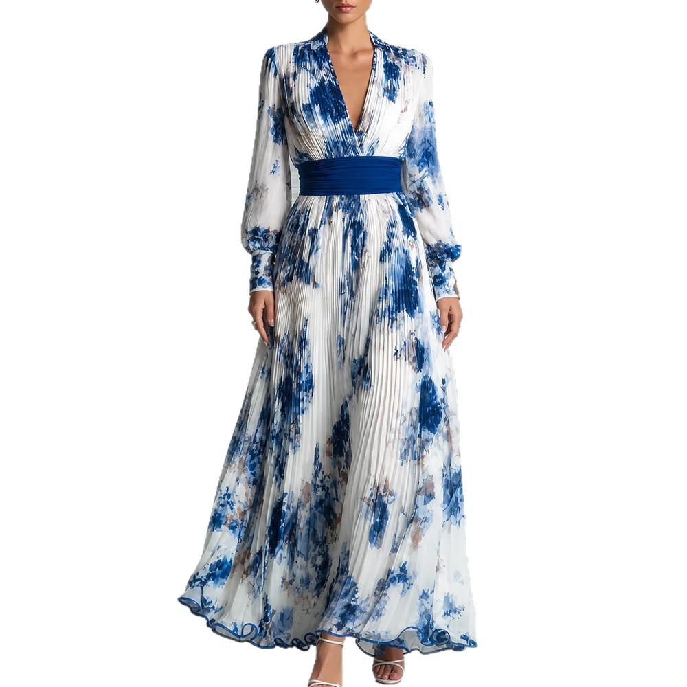 Women's Long Sleeve Floral Print V-Neck Midi Dress