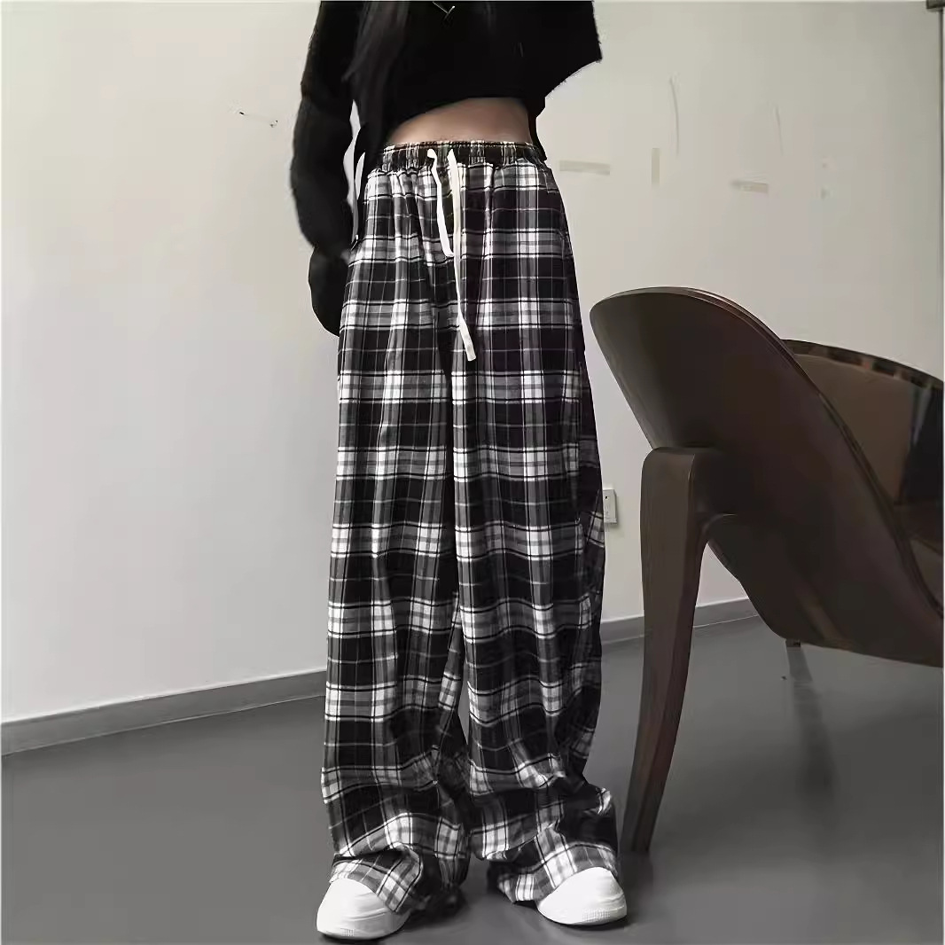 High-Waisted Straight-Leg Plaid Pants for Summer, Black and White