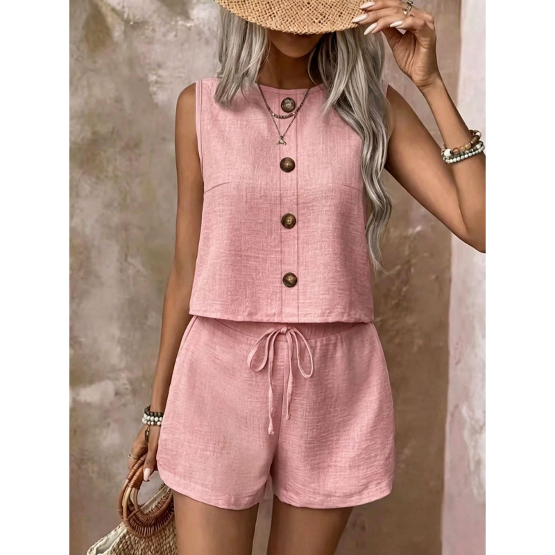 Women's Solid Color Button Sleeveless Vest and Shorts Set
