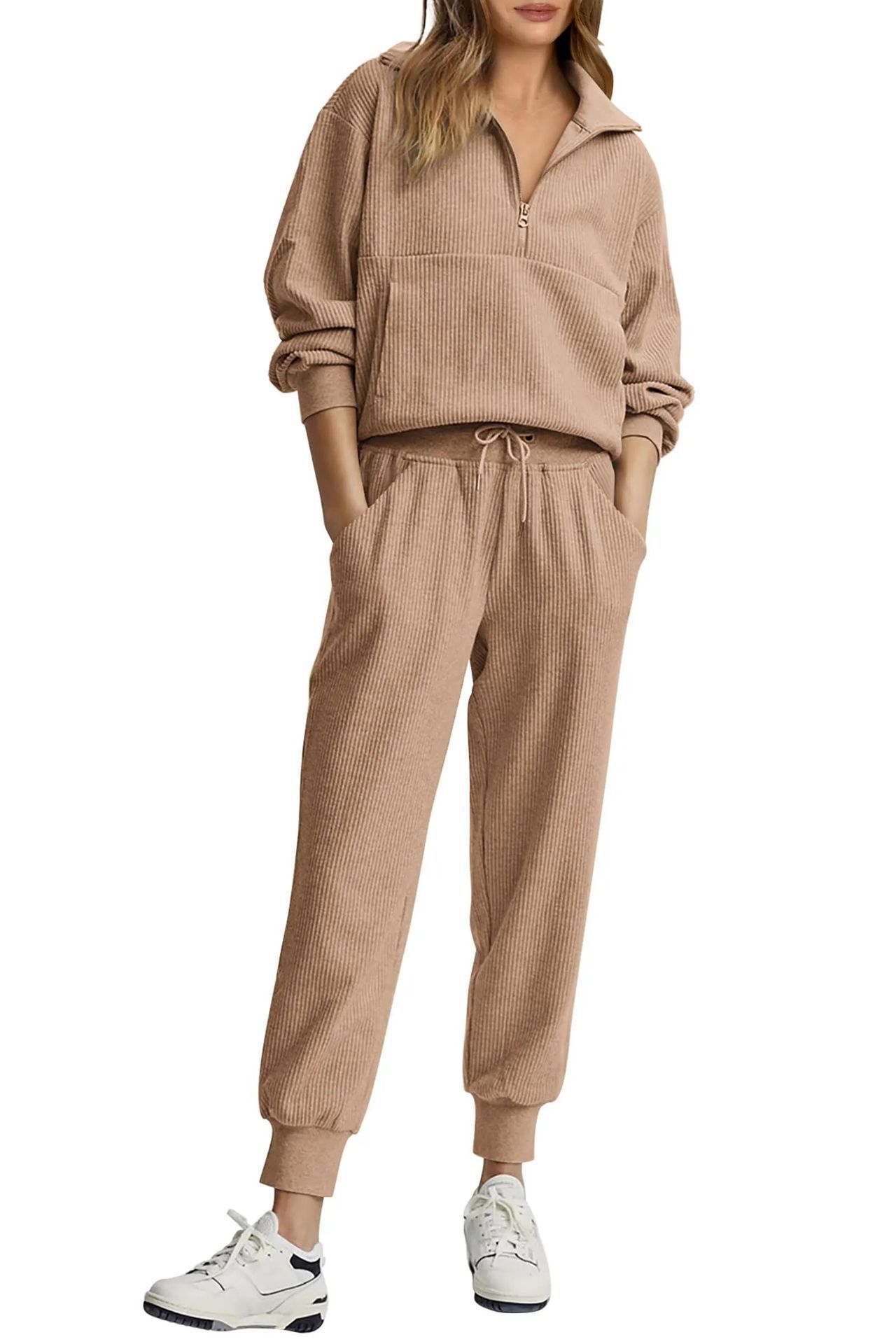 Women's Half-Zip Long Sleeve Top and Pants Casual Set