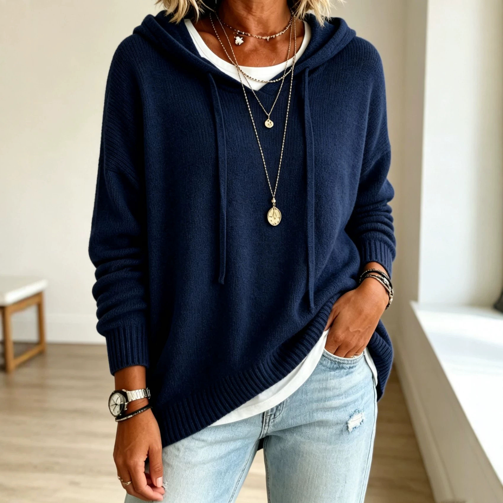 Women's Knit Hooded Drawstring Pullover Sweater Loose Long Sleeve