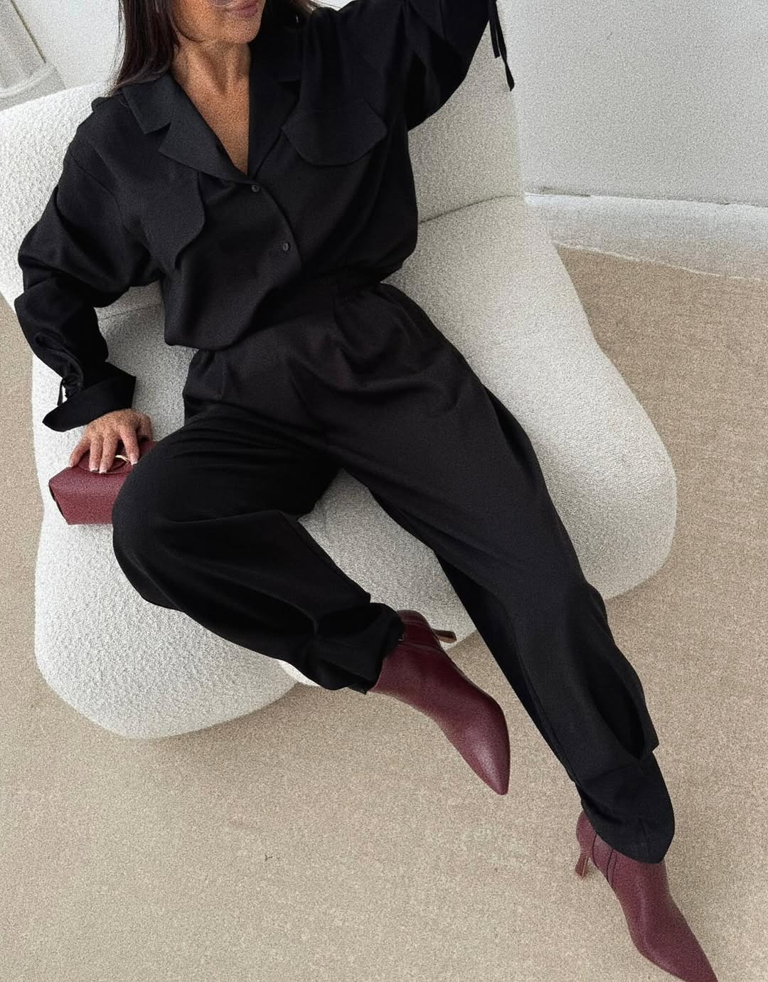 Women's Crepe Collared Long-Sleeve Shirt & Pants Set