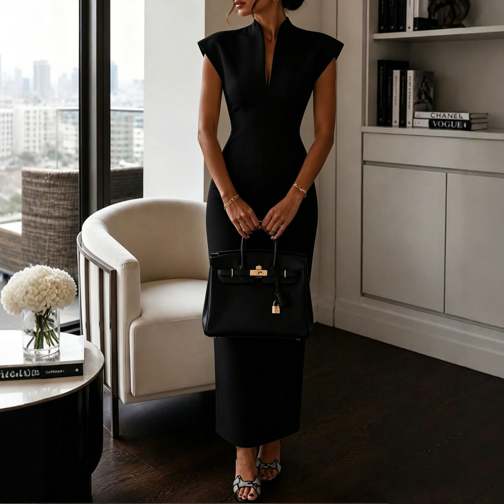 Women's Sleeveless Bodycon Dress with Stand Collar High Waist