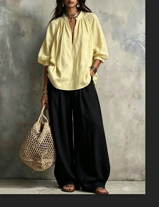Women's Solid Color Stand Collar Lantern Sleeve Top & Wide-Leg Pants Two-Piece Set