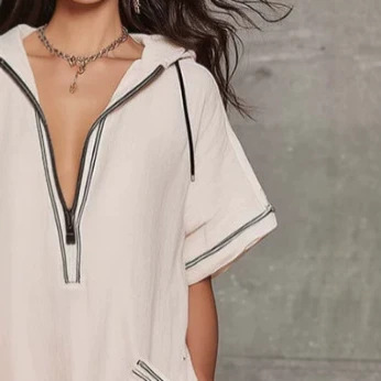Women's Casual Hooded V-Neck Asymmetrical Hem Midi Dress in Off-White
