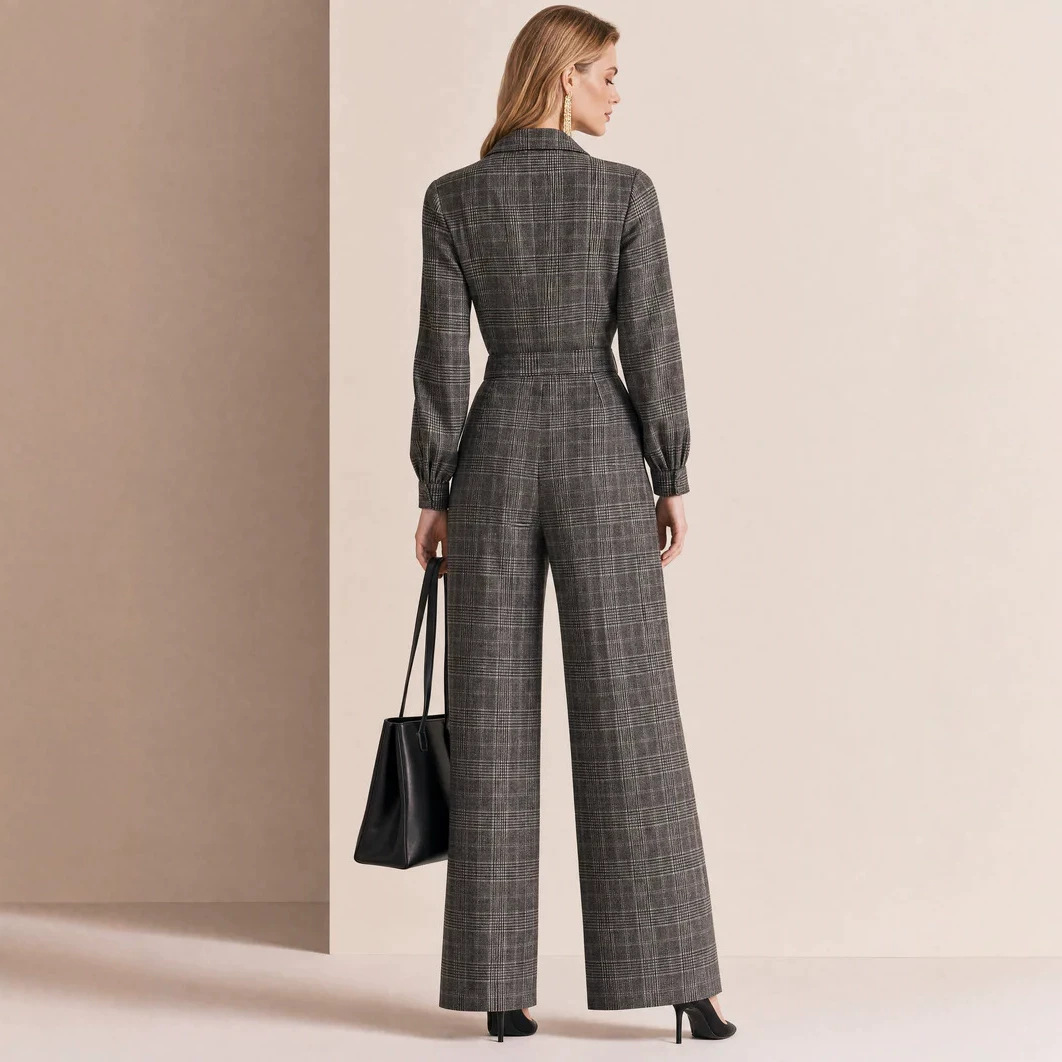 Plaid Jumpsuit for Women High Waist Slimming Long Sleeve