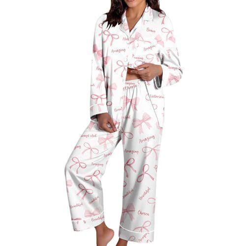 Women's Cuban Collar Christmas Bow Print Long Sleeve Shirt Set