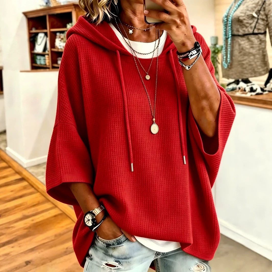 Women's Waffle Knit Hooded Drawstring Sweatshirt Loose Fit