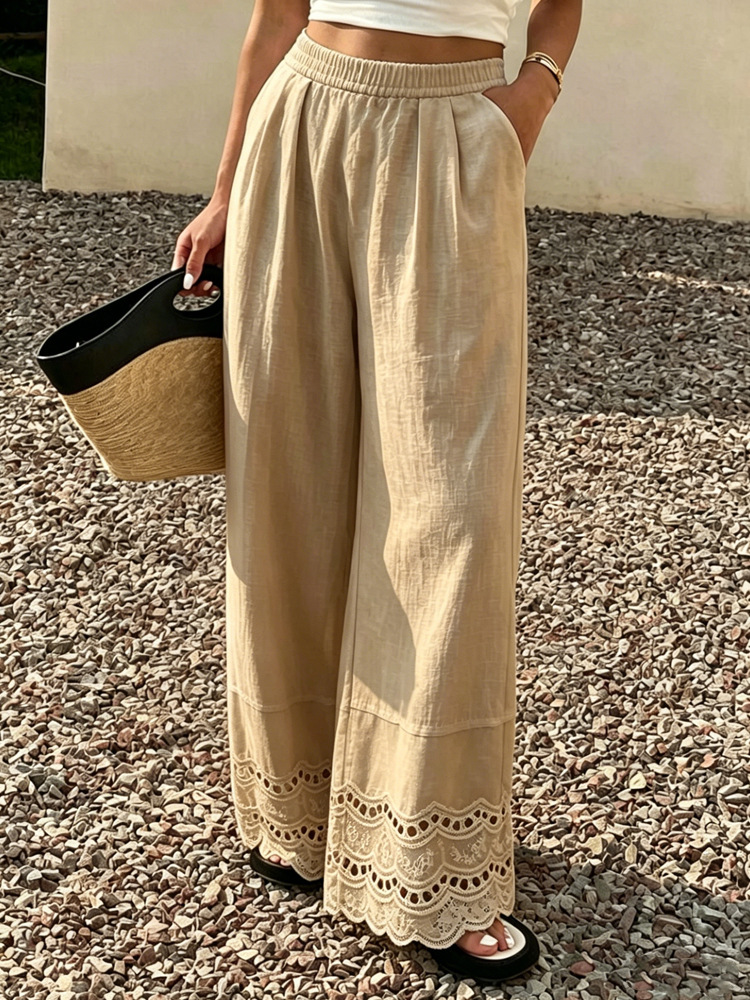Women's Solid Lace Trim Cotton Linen Wide Leg Pants