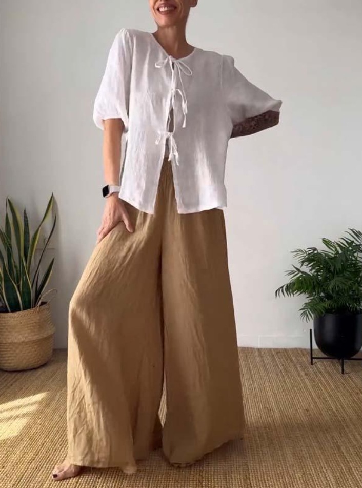 Women's Casual Solid Color Tie-Front Shirt and High-Waist Wide-Leg Pants Two-Piece Set