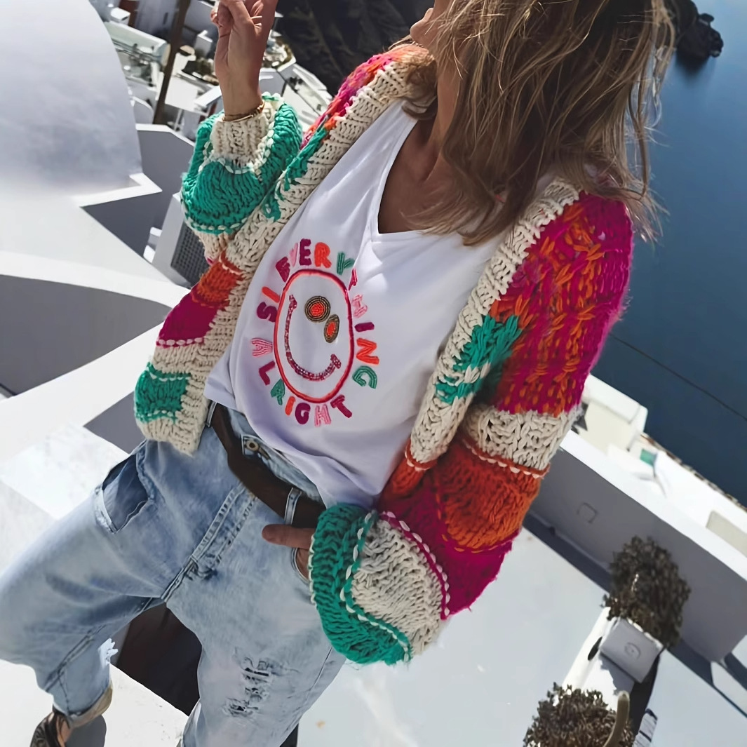 Women's Color-Block Striped Chunky Knit V-Neck Cardigan Sweater