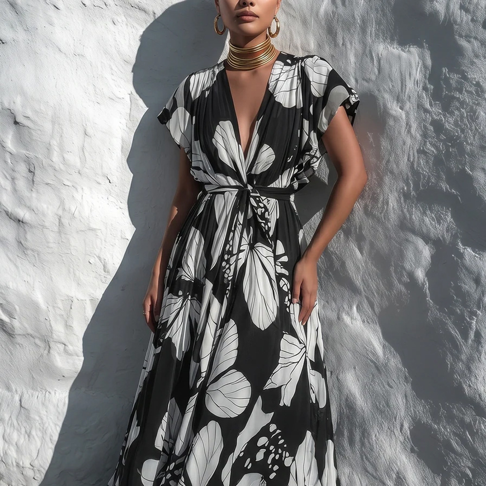 French Casual Printed V-Neck Tie Dress