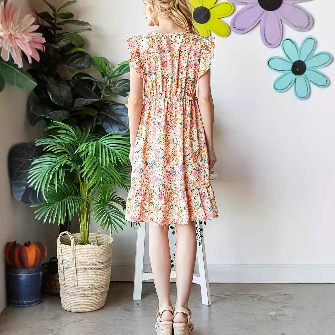 Bohemian Floral Print Pleated V-Neck Dress