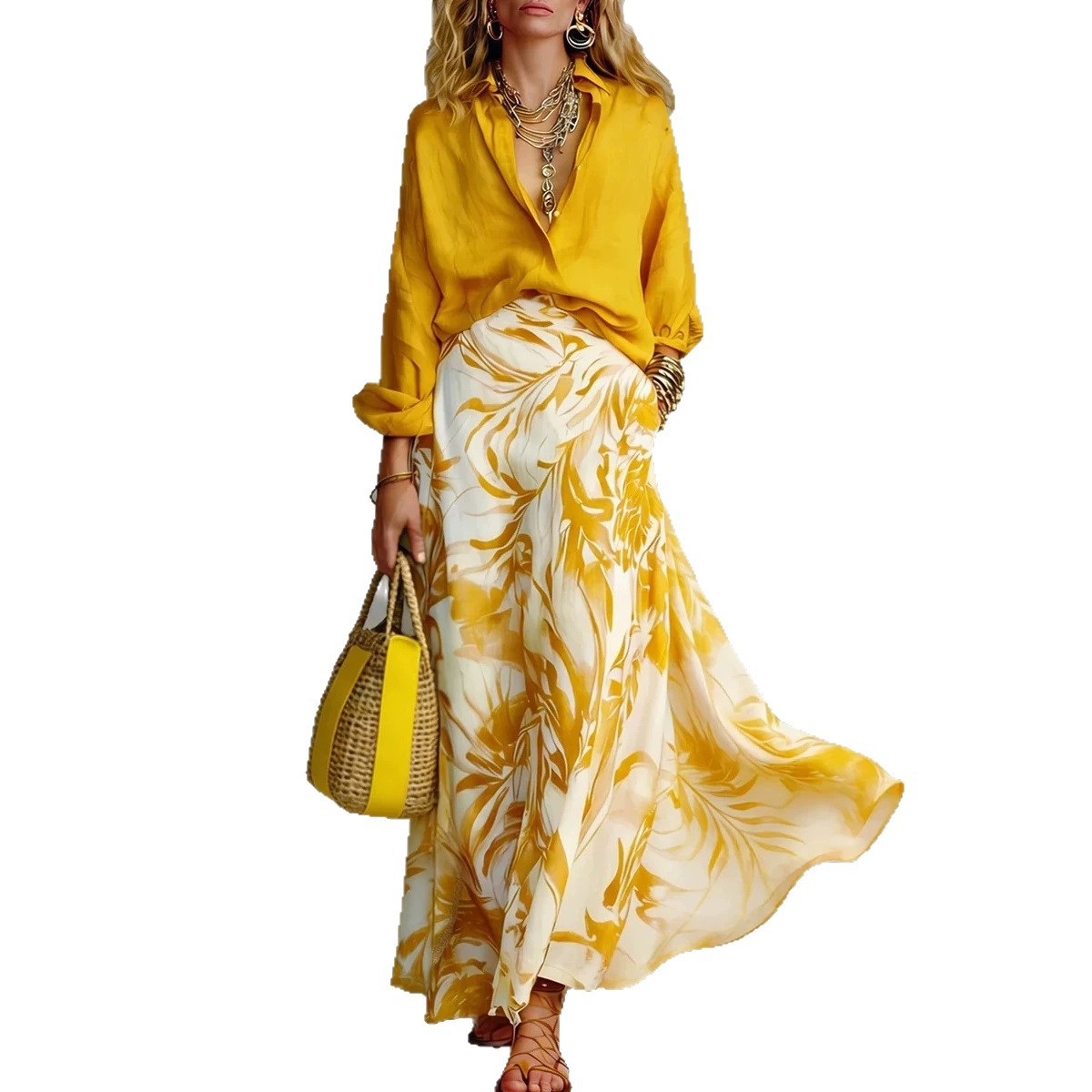 Women's Casual Two-Piece Skirt and Shirt Set with Digital Print