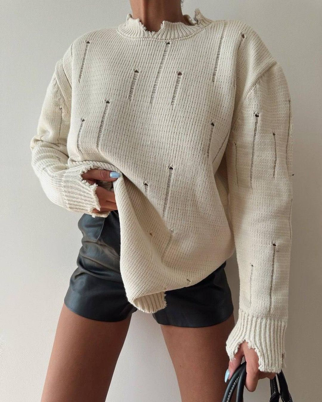Women's Loose Distressed Crewneck Pullover Sweater