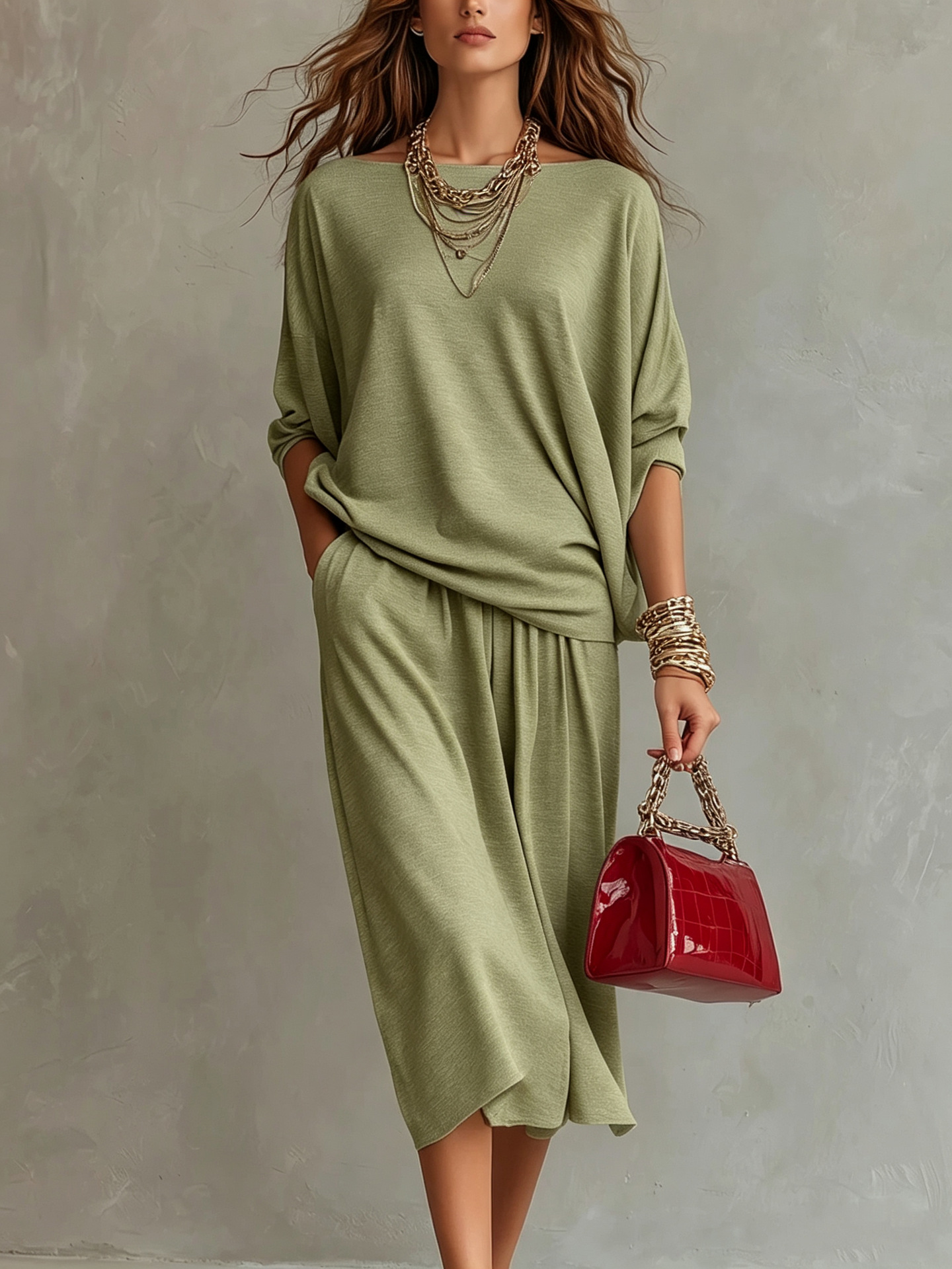 Off-Shoulder Knit Top & Midi Skirt Set Casual Loungewear