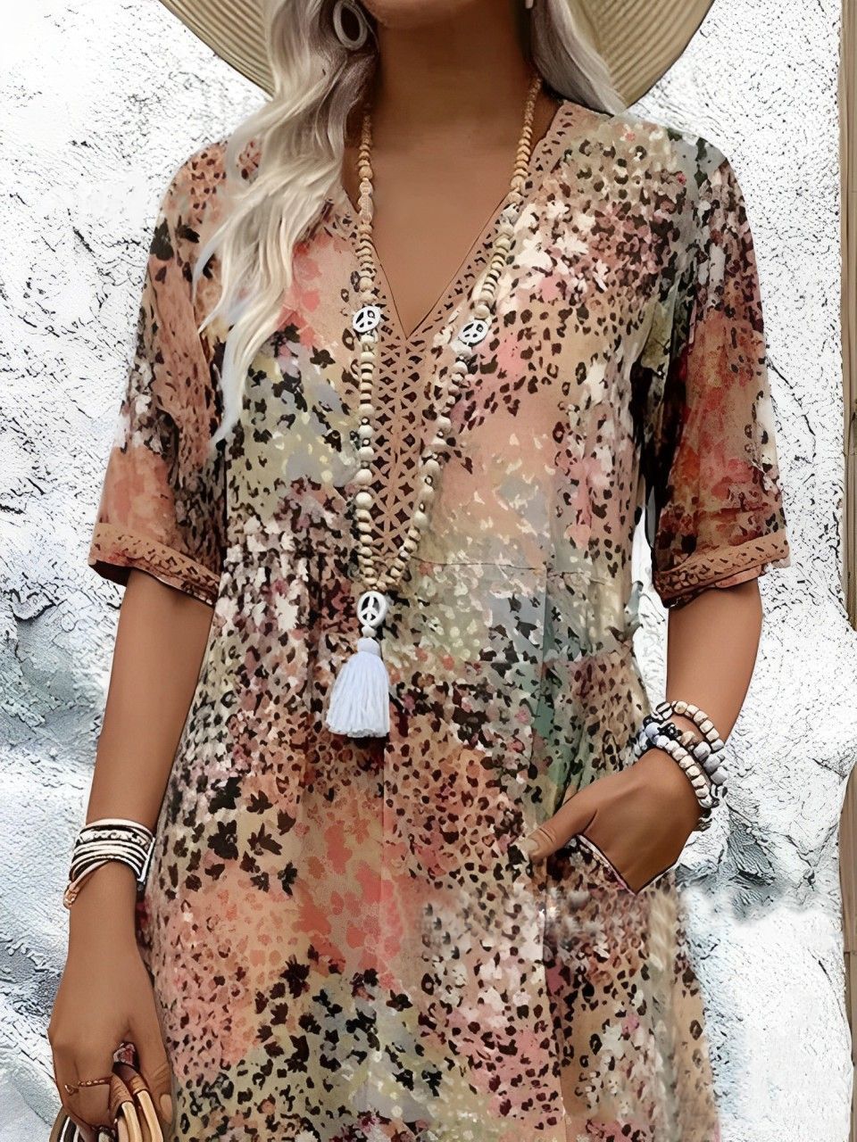 Women's Printed V-Neck Midi Dress with Pockets Casual Vacation Home Wear