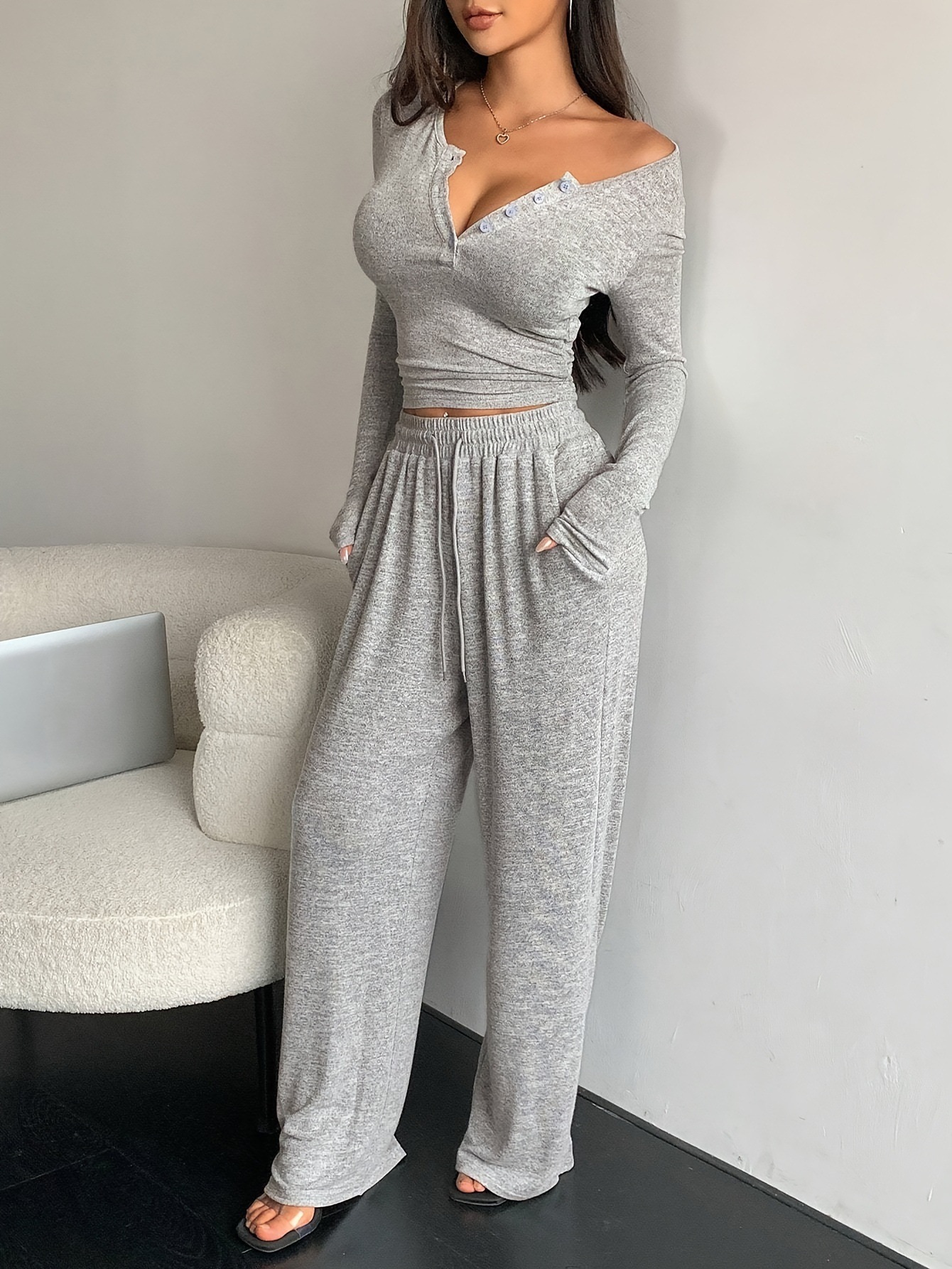 Women's Long Sleeve Button-Front Solid Slim Top and Pants Two-Piece Set