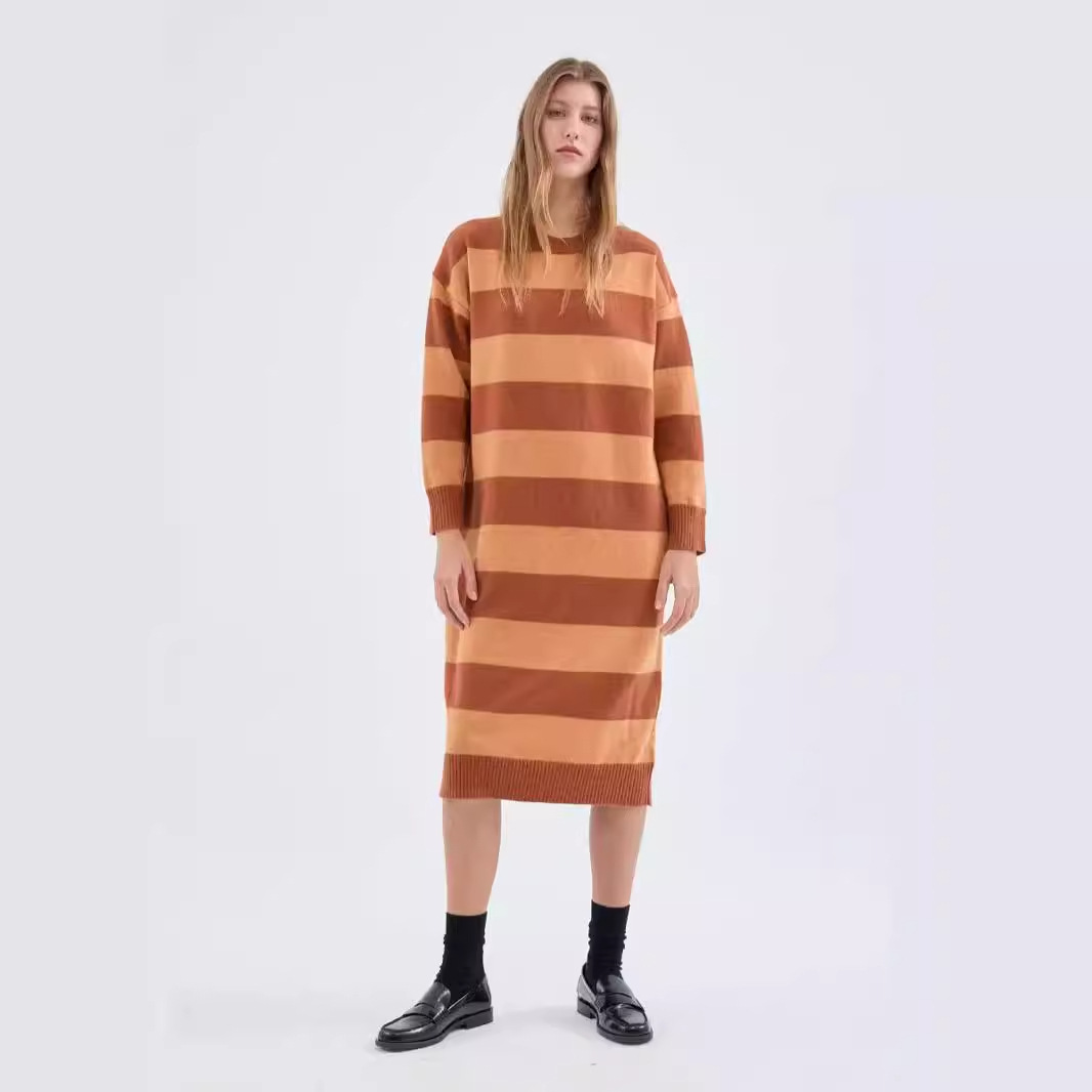 Striped Sweater Dress Round Neck Long Sleeve Loose Fit