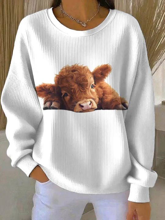 Women's Bull Head Print Crewneck Sweatshirt Casual Pullover