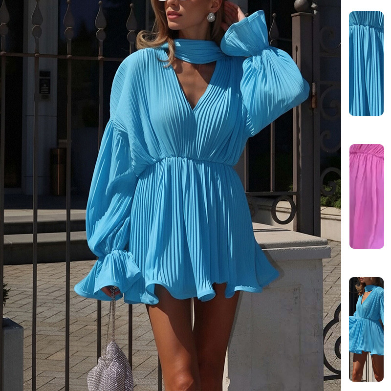 Beach Vacation Solid Color Dress with Waist Tie and Ruffle Trim