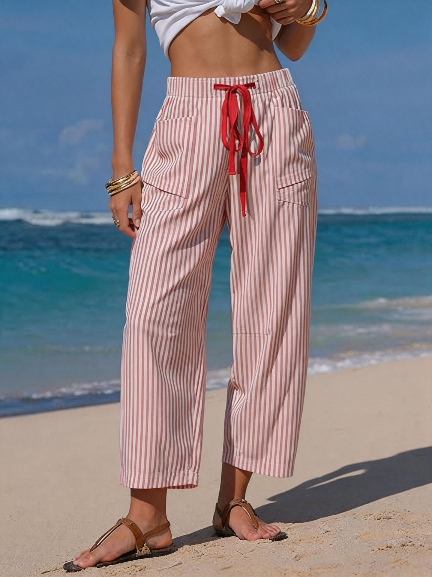 Striped Faux Linen Cropped Pants with Drawstring and Pockets