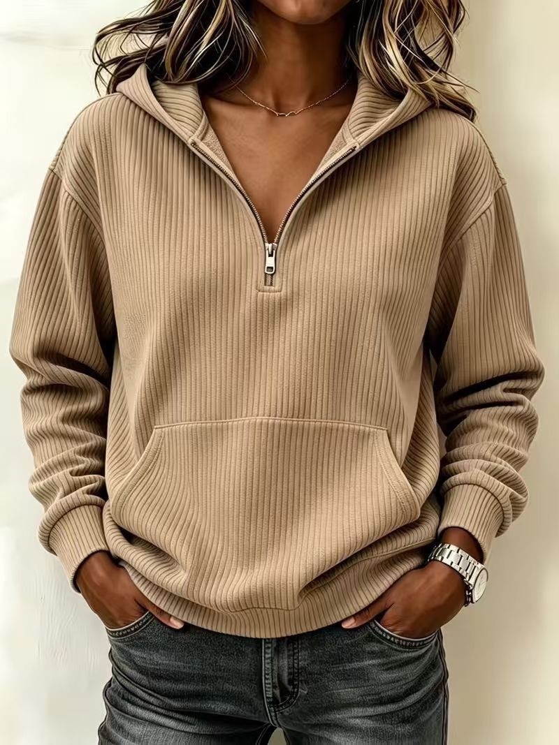 Half-Zip Hooded Sweatshirt Relaxed Fit Slimming Long Sleeve Pullover White