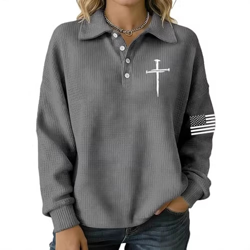 Women's Cross & American Flag Print Button Sweatshirt