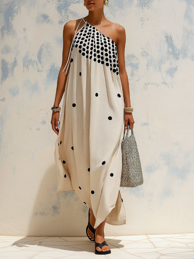 Women's Polka Dot One-Shoulder Tie Long Dress
