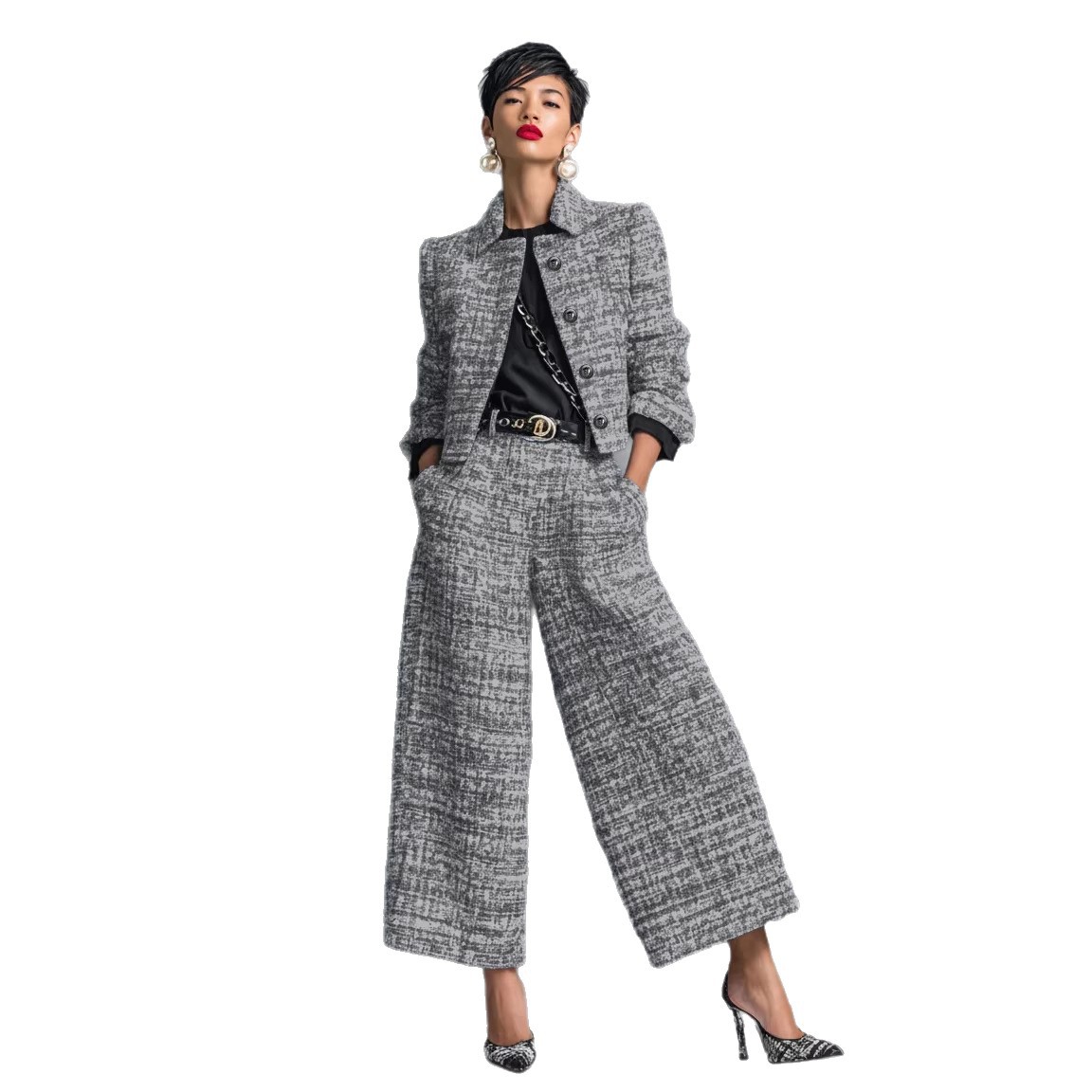 Women's Plaid Print Two-Piece Set with Collared Top and Wide-Leg Pants