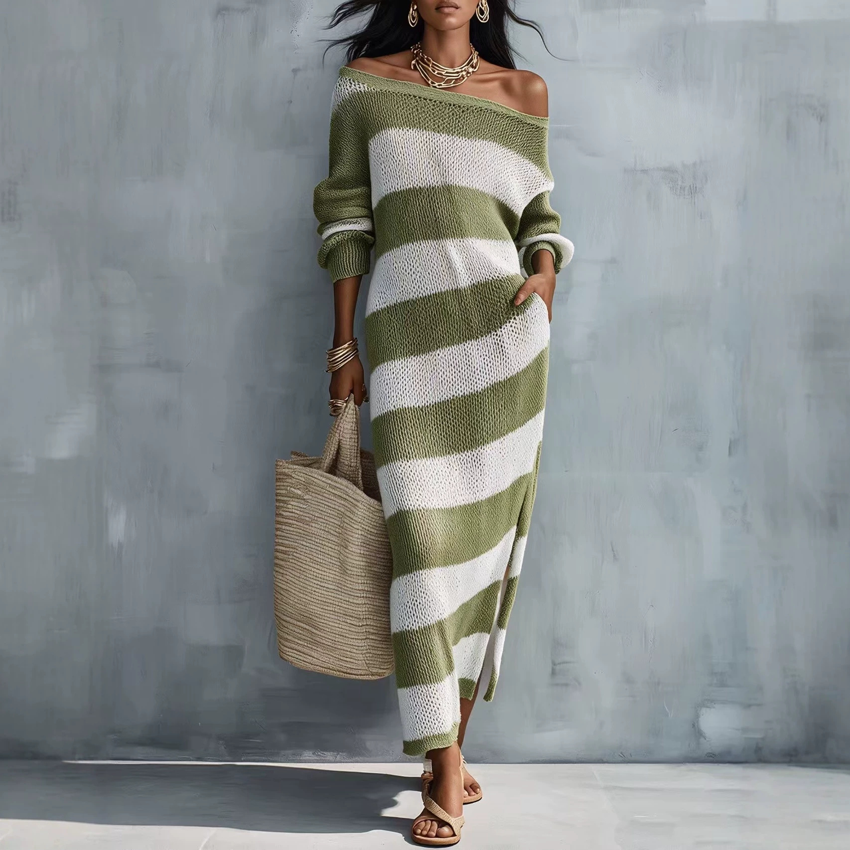 One-Shoulder Striped Knit Long Dress with Cutout and Slit