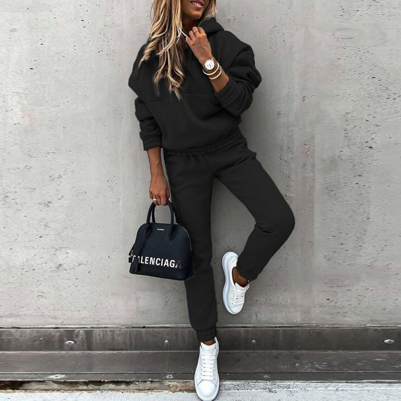 Women's Casual Solid Color Hoodie and Pants Set Long Sleeve Korean Style
