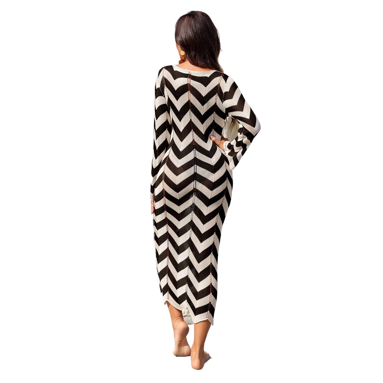 Long Sleeve V-Neck Tie Knit Maxi Beach Dress Colorblock