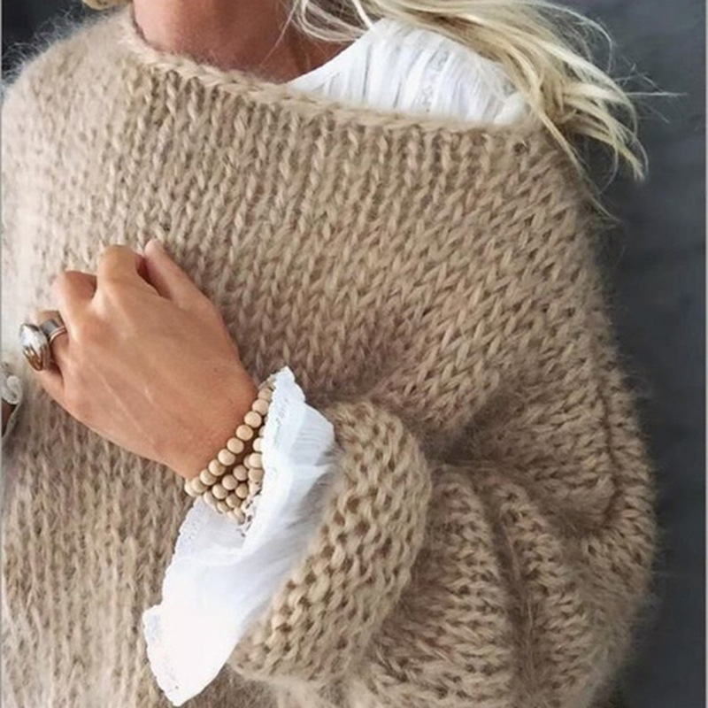 Faux Mohair Pullover Sweater Women's Crewneck Long Sleeve Solid Color Knit Top