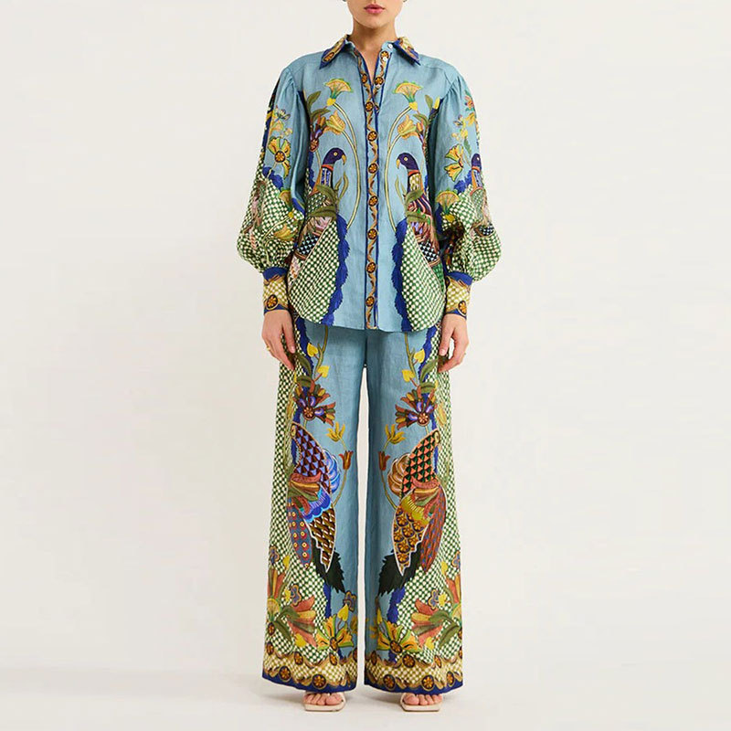 Elegant Printed Lapel Shirt and Straight-Leg Pants Two-Piece Set
