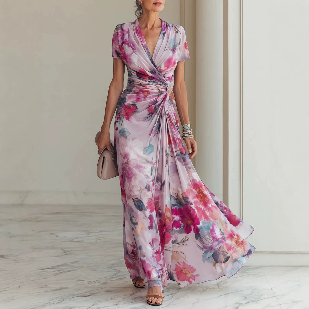 French V-Neck Short Sleeve Watercolor Floral Midi Dress with Twist Waist