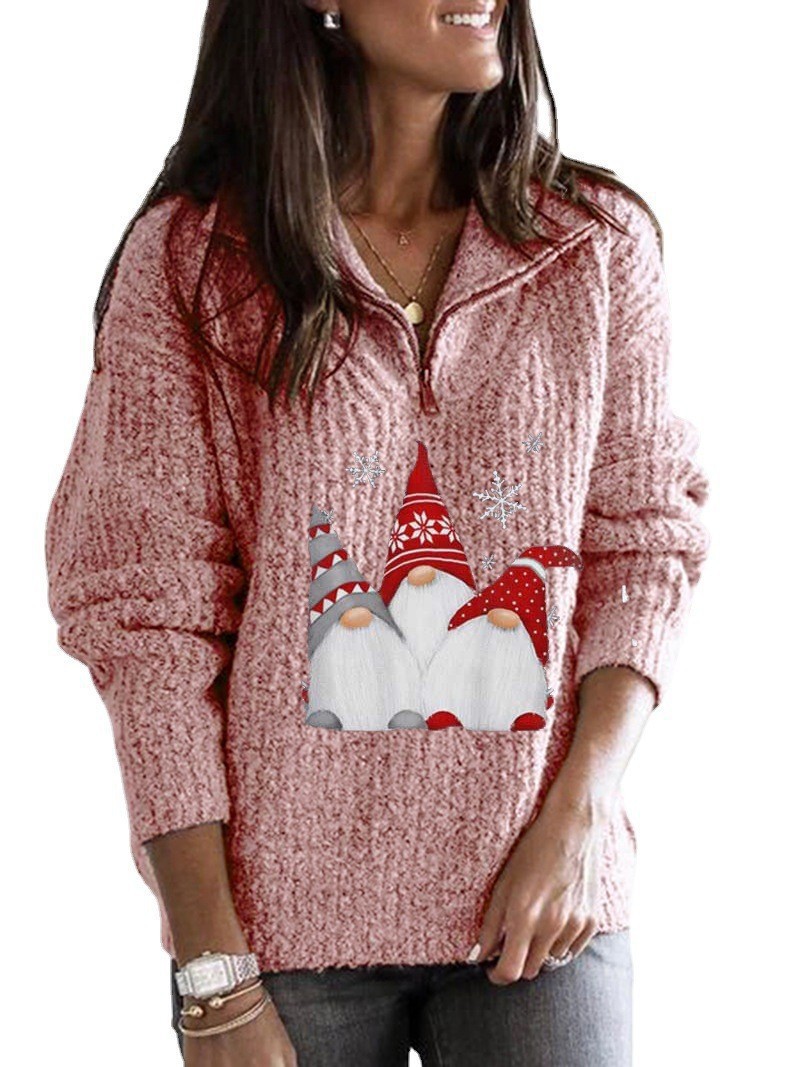 Christmas Santa Print Zip-Up Long-Sleeve Knit Sweater for Women